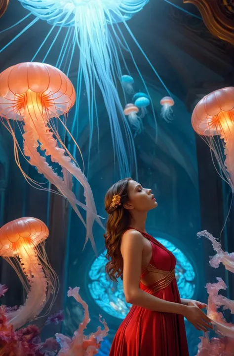 a fantastical scene, gorgeous, surrounded by jellyfish and full of phoenix flames, viewed in profile from far away, ultrawide lens, art by Artgerm and Greg Rutkowski and Alphonse Mucha, volumetric lighting, octane render, 4K resolution, trending on artstation, masterpiece