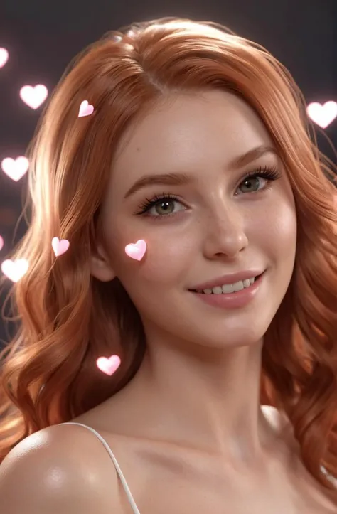 19 years old innocent cute woman with (hearts flying around her) expressing the love she has, so happy, swirling hearts, trails, Belizean, copper lob hair, sparkling eyes, eyelashes, hyperrealistic, hyperrealism, award winning, 4k, artstation, octane renderer, unreal engine, cinematic, highly detailed, detailed, 8k uhd