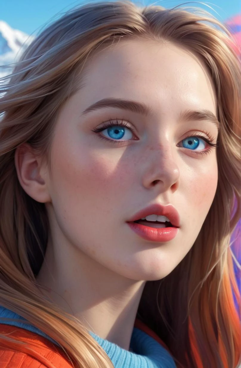 a young woman , detailed skin, ultra realistic, detailed fur, ultra colorful, multicolor, epic background, epic scene, action, movement, long hair blowing in the wind, cute, pleasant, lovely, radiant, wonderment, happy, detailed face, beautiful render, sharp, 4k, ice blue eyes, sheer lipstick, ilya kuvshinov, artgerm
