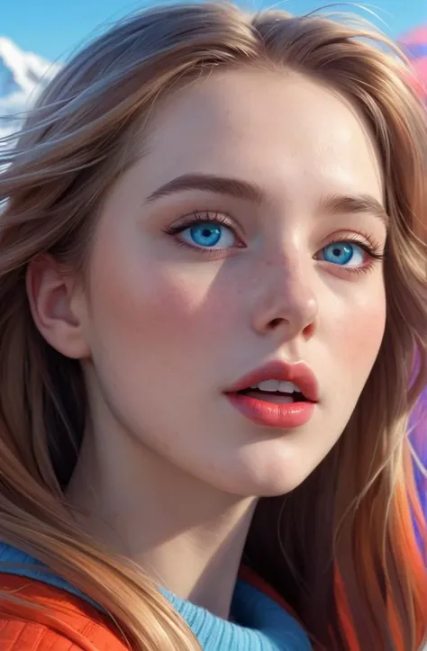 a young woman , detailed skin, ultra realistic, detailed fur, ultra colorful, multicolor, epic background, epic scene, action, movement, long hair blowing in the wind, cute, pleasant, lovely, radiant, wonderment, happy, detailed face, beautiful render, sharp, 4k, ice blue eyes, sheer lipstick,  ilya kuvshinov, artgerm