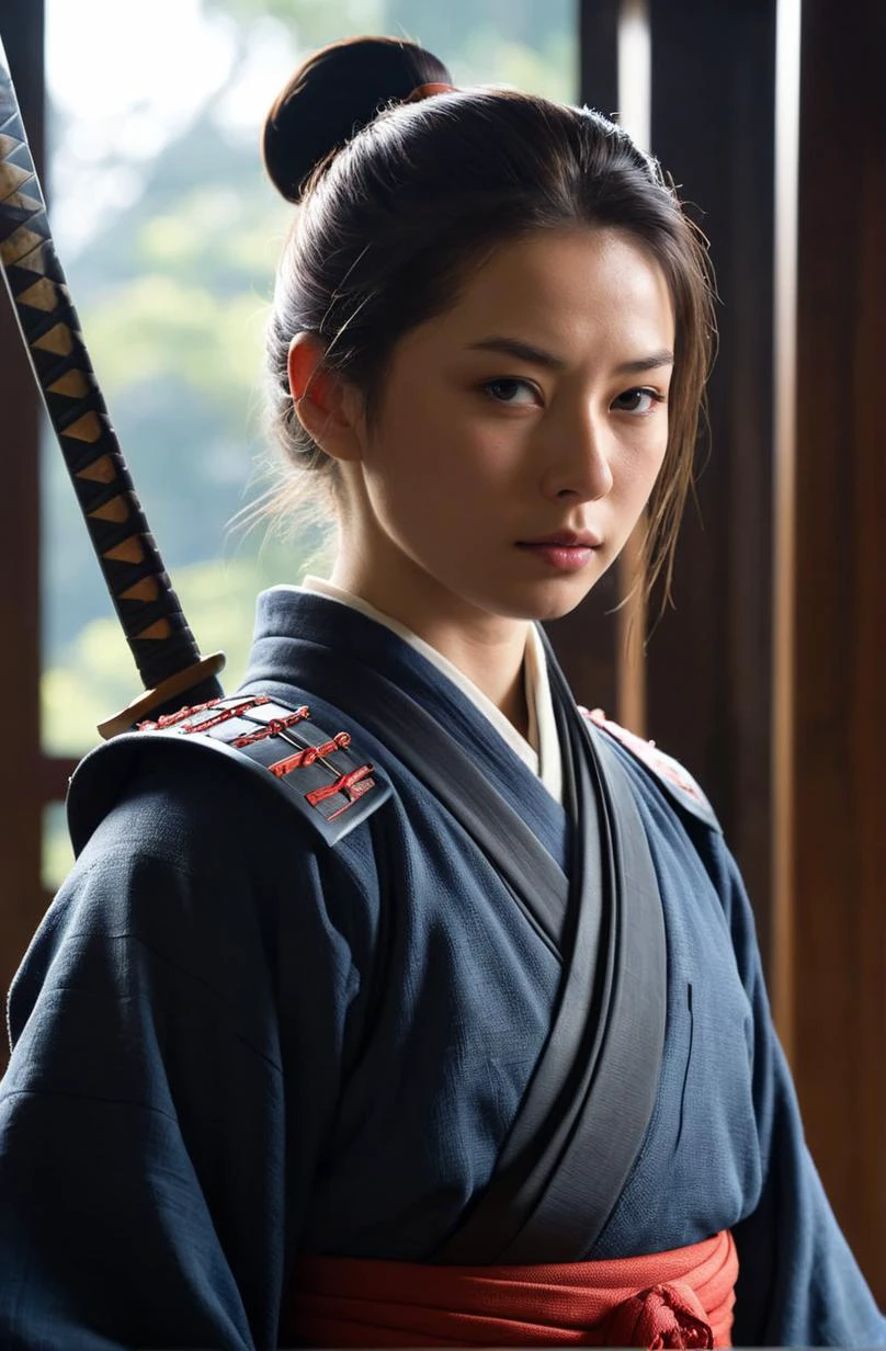 upper body portrait of innocent young women, SAMURAI, face portrait, raphael lacoste, eddie mendoza, alex ross, concept art, matte painting, highly detailed, rule of thirds, dynamic lighting, cinematic, detailed, denoised, centred