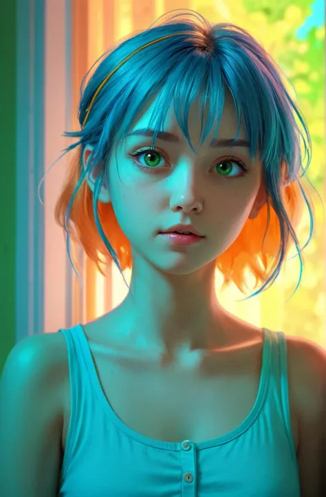 (anime, 2d, drawing), colorful, vibrant, cute, Russian, serene, light orange, green, blue, dreamy), trending on artstation, leds