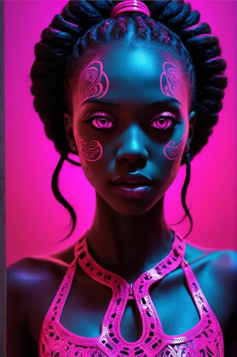 Typographic art vivid, abstract, surreal, shadows, 20 years old Senegalese young woman, otherworldly background, eldritch, grimace, wow factor, iridescence, Retribution, innocent, (Vibrant Pink outline), . Stylized, intricate, detailed, artistic, text-based illustration, concept art trending on cgsociety, trending on artstationhq, smooth render, subsurface scattering, 4k, 8k