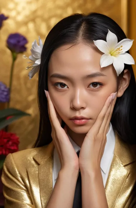 bored young malaysian woman, head on hands, defiant look attitude, cinematic lighting, ultra-detailed, sharp focus, D&D style, highly detailed, sharp focus, golden background with flowers, photorealism, style of Hajime Sorayama, art by Hirothropologie, artgerm and Patrick DeMarchelier