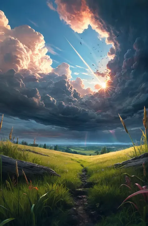 abstract scene, whimsical, colorful, epic, atmospheric, cinematic, dramatic lighting, cinematic view, epic sky, detailed, concept art, low angle, high detail, warm lighting, volumetric, godrays, vivid, beautiful, trending on artstation, by jordan grimmer, huge scene, grass, art greg rutkowski