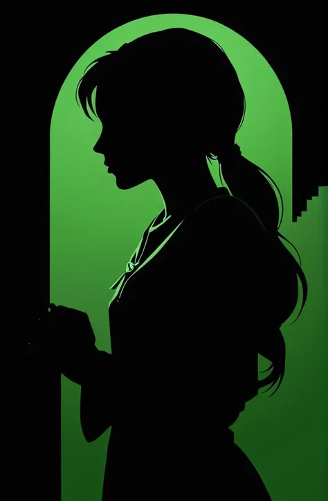 19 years old woman silhouette, hyperrealistic, black background, dark, Girl Scout Green outline, diffuse,  D&D, fantasy, intricate, elegant, highly detailed, digital painting, artstation, concept art, smooth, sharp focus, illustration, art by artgerm and greg rutkowski and alphonse mucha