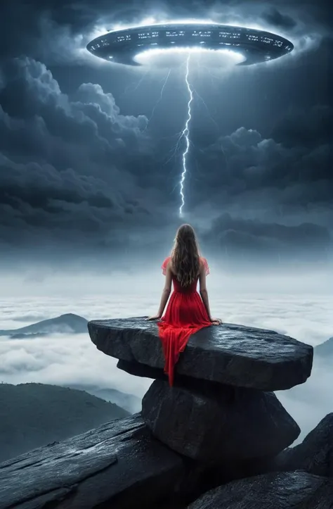 a epic vista, a group of young woman worshipping a giant goddess in the mist, by william Stout, atmospheric, moody, at night, Comoran, nubile, dismaying, esthetic, foreboding, obscured, clouds, mist,
photorealistic, ultra detailed, ultra realistic, a beautiful anime girl, with long hair, full body and head, a red dress, sitting on a rock in the rain in a futuristic spaceship, full body