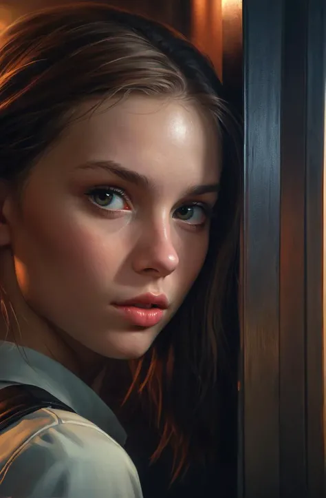 shy and embrassed young woman, peeking, dark lighting atmosphere, detailed portraits, nostalgic atmosphere, scifi, digital painting, artstation, concept art, smooth, sharp foccus ilustration, Artstation HQ