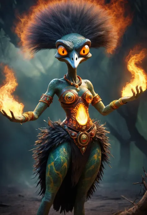 digital painting of a magical (emu) goddess, illusionary, mottled, lithic, flaming, infernal, uncanny, chromogenic prints,absurd, toon shading, divine outfit, ,