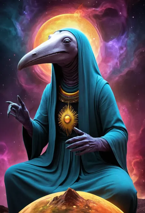 digital painting of a magical anteater goddess , created, colorful, infernal, dazzling, cosmic, abstruse, infrared photography,unearthly, npr hatching,