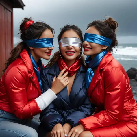 (((dark cinematic still with dark vibes))),one squatting group of hispanic professional women,<lora:Pony_Extra_Puffy_Jackets_V1:0.7> extra_puffy_kissing_jacket , red and blue satin_scarf_blindfold,smile,beautiful eyes,tea,stormy weather (mouth closed)
<lora:satin_scarf_blindfold:0.7>
<lora:Midjourney Image Enhancer XL v1:1>