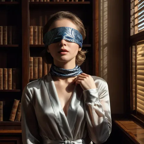 UHD, 4k, ultra detailed, cinematic, a photograph of
A <lora:Robert_Maguire:0.7> Robert Maguire patterned illumination casting a window light shadow on a woman standing in front of a book shelf, dark, cinematic, film, filmic, casting shadow, venetian blinds casting shadow light, shadow on face, face partially covered in shadow, satin_scarf_blindfold, different shadow, window casting shadow light, cinematography, detailed, detailed background, detailed face, high quality, 8k, cuculoris, kookaloris, cookaloris or cucalorus, light modifier, different light pattern, creative light, unique shadow, casting shadow style,long sleeves, , standing, indoors, from behind, book, bookshelf, belt, library, holding, facing away, book stack
, epic, beautiful lighting, inpsiring
<lora:satin_scarf_blindfold:0.7>