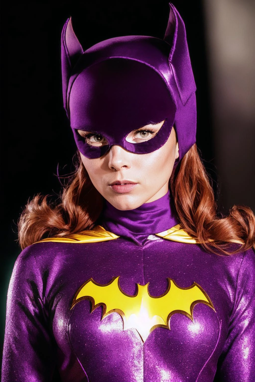 medium shot, photorealistic photo of Batgirl standing, looking at the camera, realistic, (masterpiece:1.1), (best quality:1.1), beautiful, (intricate details), unity 8k wallpaper, ultra detailed, aesthetic, perfect lighting, <lora:60sBatgirl_V2-000008:0.8>
