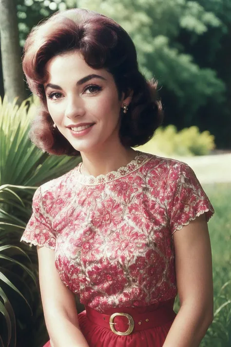 photorealistic photo of Ritmore, a middle aged woman, fine lines and wrinkles, wearing a red blouse, 1960s, 60s style, glamour, standing outdoors, outside, smiling, looking at the camera, realistic, (masterpiece:1.1), (best quality:1.1), beautiful, (intricate details), unity 8k wallpaper, ultra detailed, aesthetic, sun lighting, <lora:Ritmore_V1-000008:0.75>