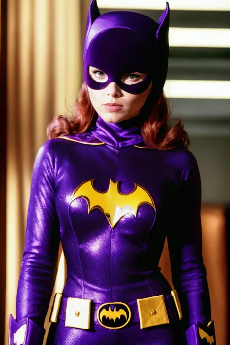 medium shot, photorealistic photo of Batgirl standing, looking at the camera, realistic, (masterpiece:1.1), (best quality:1.1), beautiful, (intricate details), unity 8k wallpaper, ultra detailed, aesthetic, perfect lighting, <lora:60sBatgirl_V2-000008:0.8>