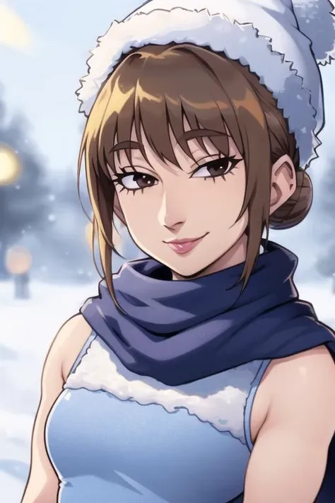 1girl, solo, (highly detailed eyes), detailed face, intricate details, portrait, upper body, chun-li, brown hair, brown eyes, bangs, short hair, double bun, ((winter clothes))), winter hat, small breasts, soft lighting, looking at viewer, seductive smile, happy, closed mouth, ((mature female)), tall female, giantess, (((realistic))), ((cartoon)), winter, speedo-39600