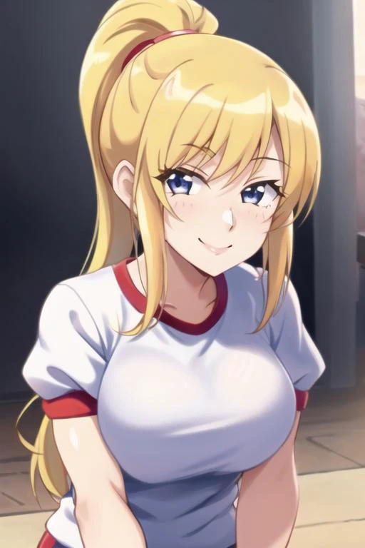 1girl, solo, (highly detailed eyes), detailed face, intricate details, portrait, upper body, samus aran, blonde hair, blue eyes, ponytail, ((gym uniform))), soft lighting, looking at viewer, seductive smile, happy, closed mouth, speedo-19000