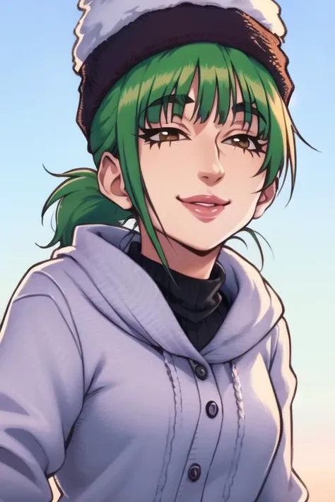1girl, solo, (highly detailed eyes), detailed face, intricate details, portrait, upper body, green hair, yellow eyes, short hair, ponytail, ((winter clothes))), winter hat, small breasts, soft lighting, looking at viewer, seductive smile, happy, closed mouth, ((mature female)), tall female, giantess, (((realistic))), ((cartoon)), winter, speedo-39600