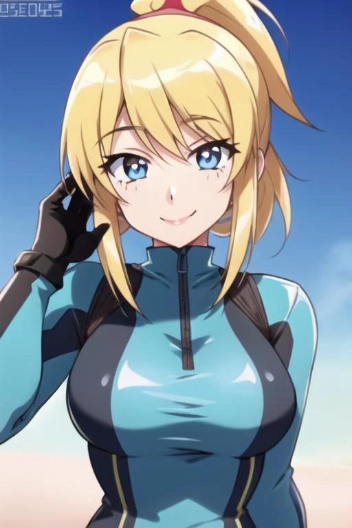 1girl, solo, (highly detailed eyes), detailed face, intricate details, portrait, upper body, samus aran, blonde hair, blue eyes, ponytail, (zero suit), soft lighting, looking at viewer, seductive smile, happy, closed mouth, speedo-19000