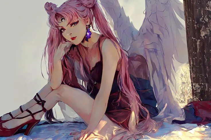 <lora:Dark_Lady-10:1> Dark Lady,(masterpiece, best quality, ultra-detailed, highres, best illustration),perfect face, ((solo, solo focus)),sidelighting, lustrous skin,(bloom), (shine), ray tracing,1girl, cone hair bun, long hair, hair bun, crescent, crescent facial mark, pink hair, double bun, twintails, wings, dress, facial mark, aged up, solo, very long hair, crystal earrings, forehead mark, jewelry, earrings, see-through, high heels, shoes, full body, lipstick, makeup, ,depth_of_field, city background,very detailed background,extreme light and shadow,(detailed eyes), (beautiful) beautiful detailed eyes, perfect lighting , perfect anatomy,(extremely detailed illustrated 8k wallpaper),(masterpiece), (best quality),(ultra-detailed), (best illustration),(best shadow), vivid colors,