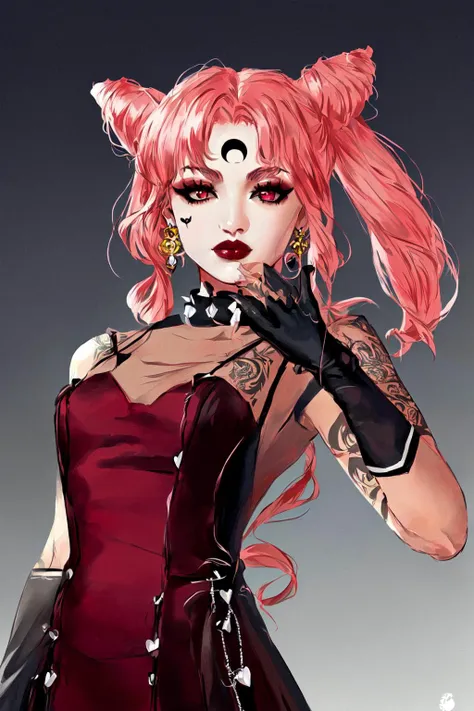 <lora:Dark_Lady-10:1> Dark Lady,(masterpiece, best quality, ultra-detailed, highres, best illustration),perfect face, ((solo, solo focus)),sidelighting, lustrous skin,(bloom), (shine), ray tracing,11girl, crescent facial mark, hair bun, facial mark, piercing, double bun, solo, pink hair, makeup, crescent, jewelry, earrings, long hair, ear piercing, cone hair bun, red lips, lip piercing, red background, lipstick, twintails, collar, black dress, see-through, aged up, spiked collar, spikes, forehead mark, red eyes, gloves, black gloves, dress, bangs, very long hair, eyeshadow, heart, pink eyeshadow, looking at viewer, parted bangs, hand on own face, tattoo, hair ornament, bow, simple background,depth_of_field, city background,very detailed background,extreme light and shadow,(detailed eyes), (beautiful) beautiful detailed eyes, perfect lighting , perfect anatomy,(extremely detailed illustrated 8k wallpaper),(masterpiece), (best quality),(ultra-detailed), (best illustration),(best shadow), vivid colors,