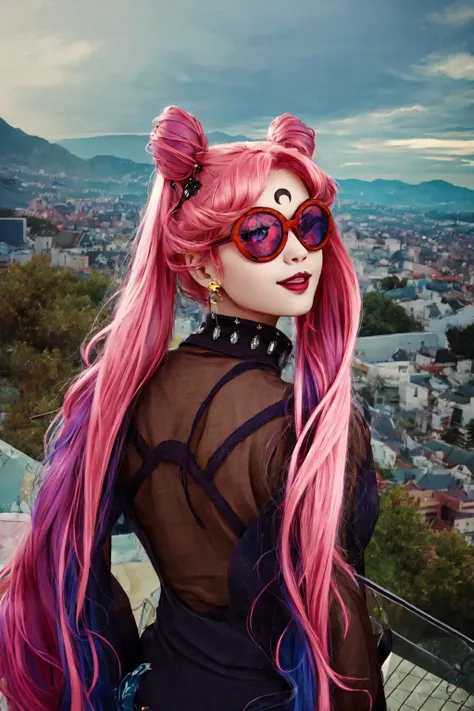 <lora:Dark_Lady-10:1> Dark Lady,(masterpiece, best quality, ultra-detailed, highres, best illustration),perfect face, ((solo, solo focus)),sidelighting, lustrous skin,(bloom), (shine), ray tracing,1girl, facial mark, solo, double bun, hair bun, forehead mark, pink hair, long hair, crescent, crescent facial mark, jewelry, twintails, sunglasses, earrings, upper body, parted bangs, bangs, open mouth, smile, glasses, lipstick, from behind ,depth_of_field, city background,very detailed background,extreme light and shadow,(detailed eyes), (beautiful) beautiful detailed eyes, perfect lighting , perfect anatomy,(extremely detailed illustrated 8k wallpaper),(masterpiece), (best quality),(ultra-detailed), (best illustration),(best shadow), vivid colors,