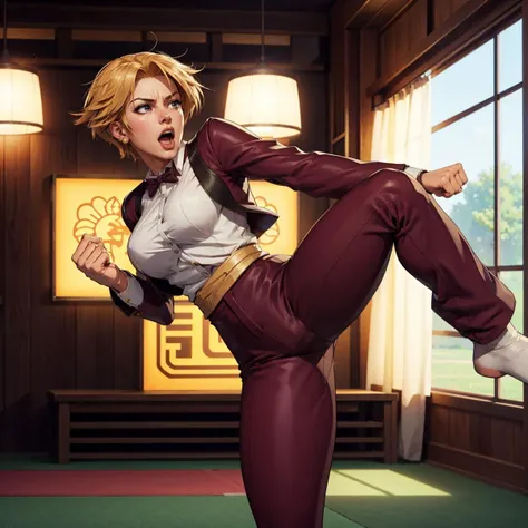 <lora:King2000_t8-000023:1.0> KOFKing girl wearing KOF2kOutfit kicking and yelling,
best quality, dojo, depth of field,,,,,