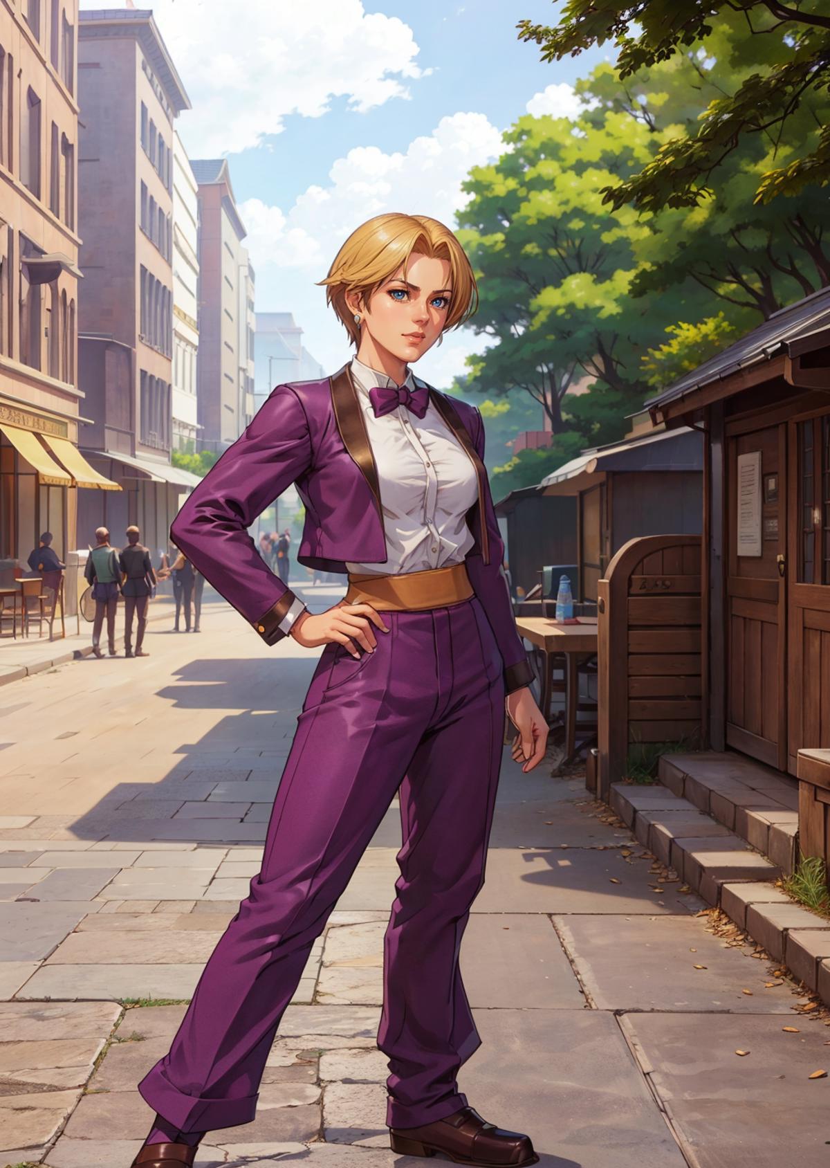 A woman in a purple suit standing on a sidewalk - SeaArt AI