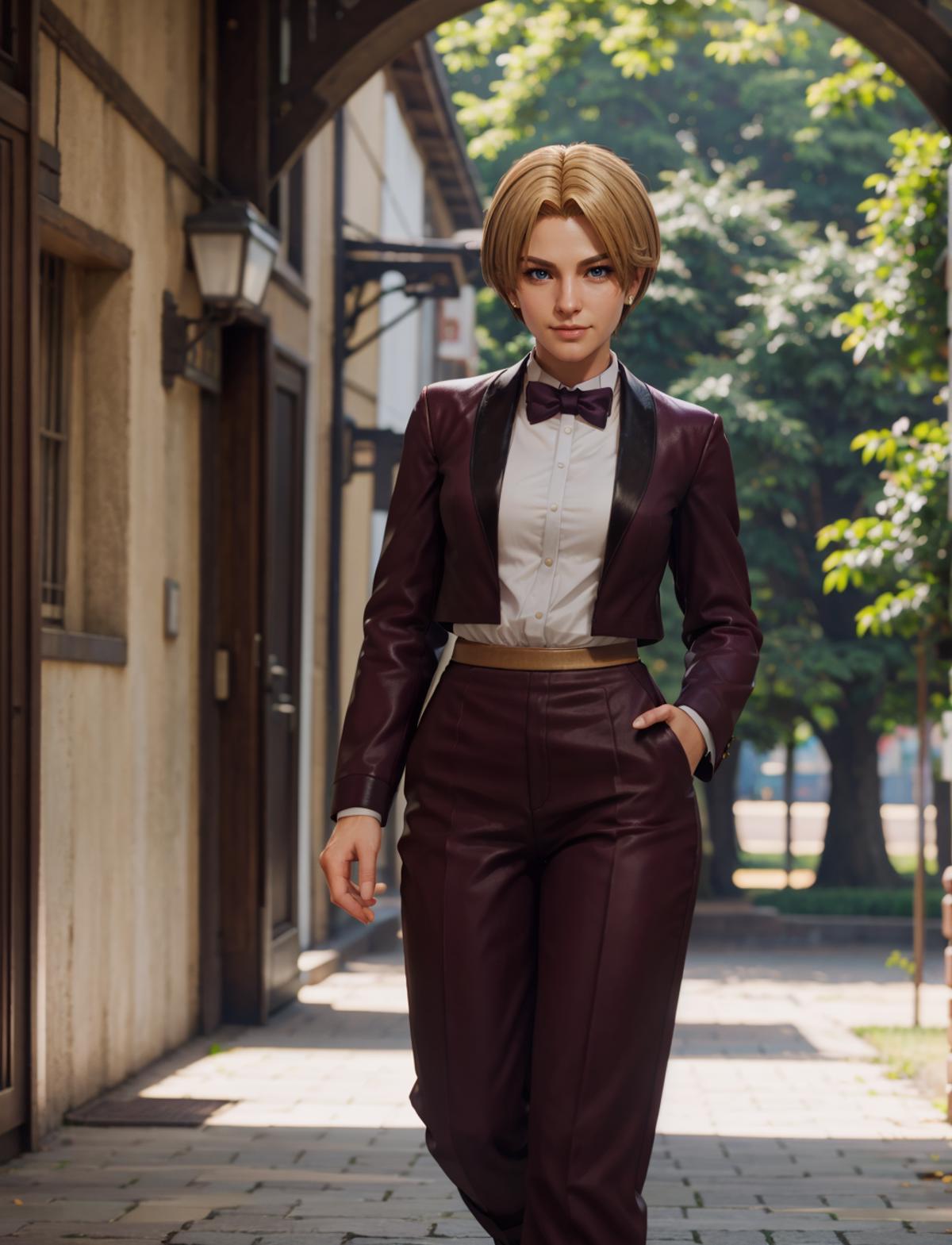 Woman in a suit and bow tie walking down a street - SeaArt AI