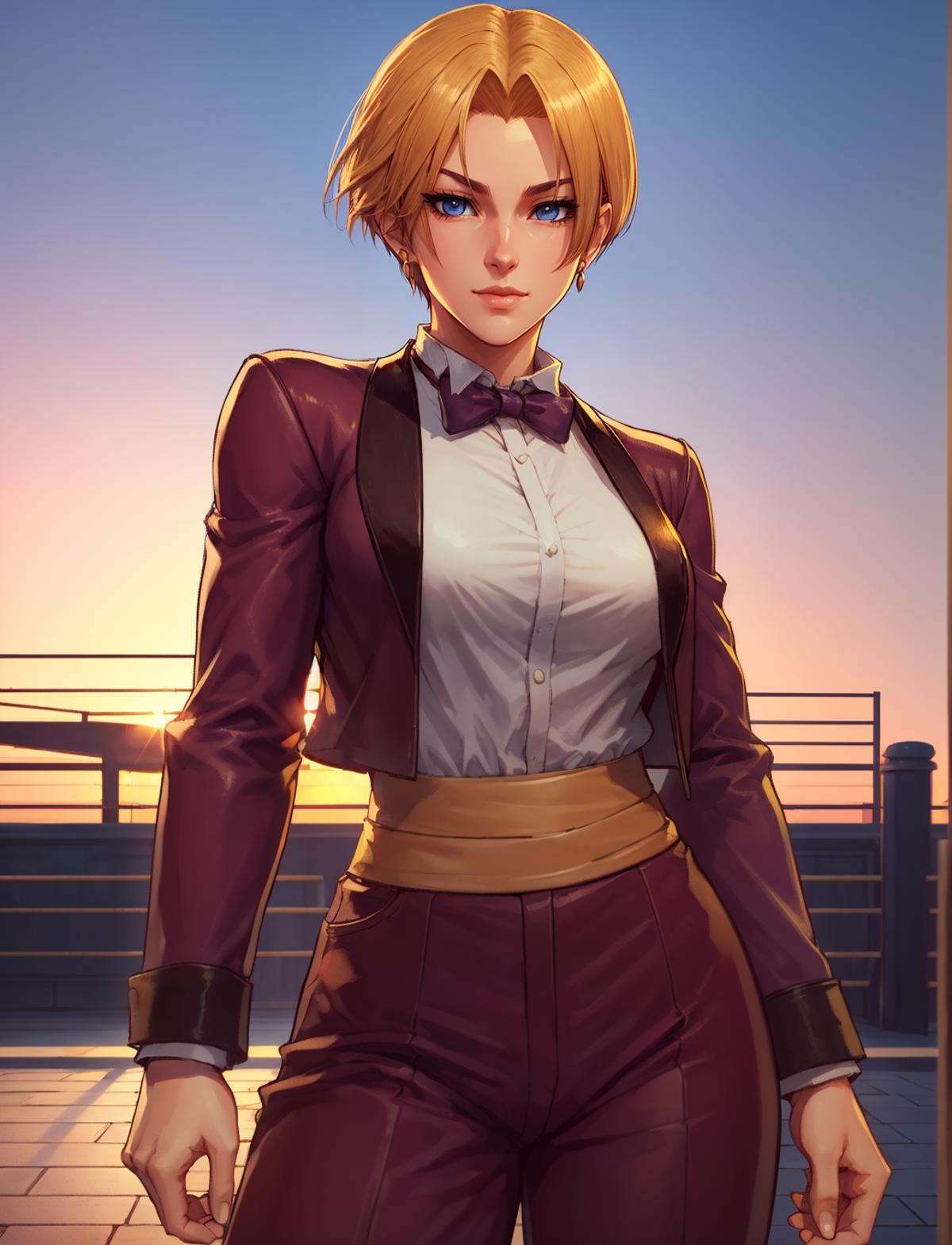 A close up of a woman in a suit and bow tie - SeaArt AI