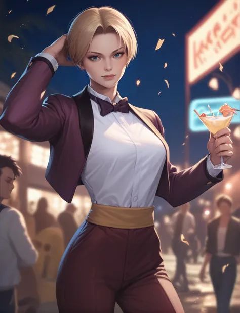 closeup, realistic, score_9, score_8_up, score_7_up, score_6_up, score_5_up, score_4_up, <lora:King2000_t3-000013-128:1.0> 1girl, KOFKing, short blonde hair, large breasts, bowtie, purple cropped jacket,,,
outdoors, party, at night, darkness