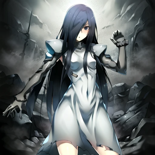 masterpiece, best quality,sadako_yamamura, <lora:Sadakobest:1>, white dress,<lora:epiNoiseoffset_v2:1>, <lora:muvLuvsStyleArmors_10:0.5>,fortified suit, cowboy shot, black_leg armor, black arm armor, fighting pose, (small breasts),