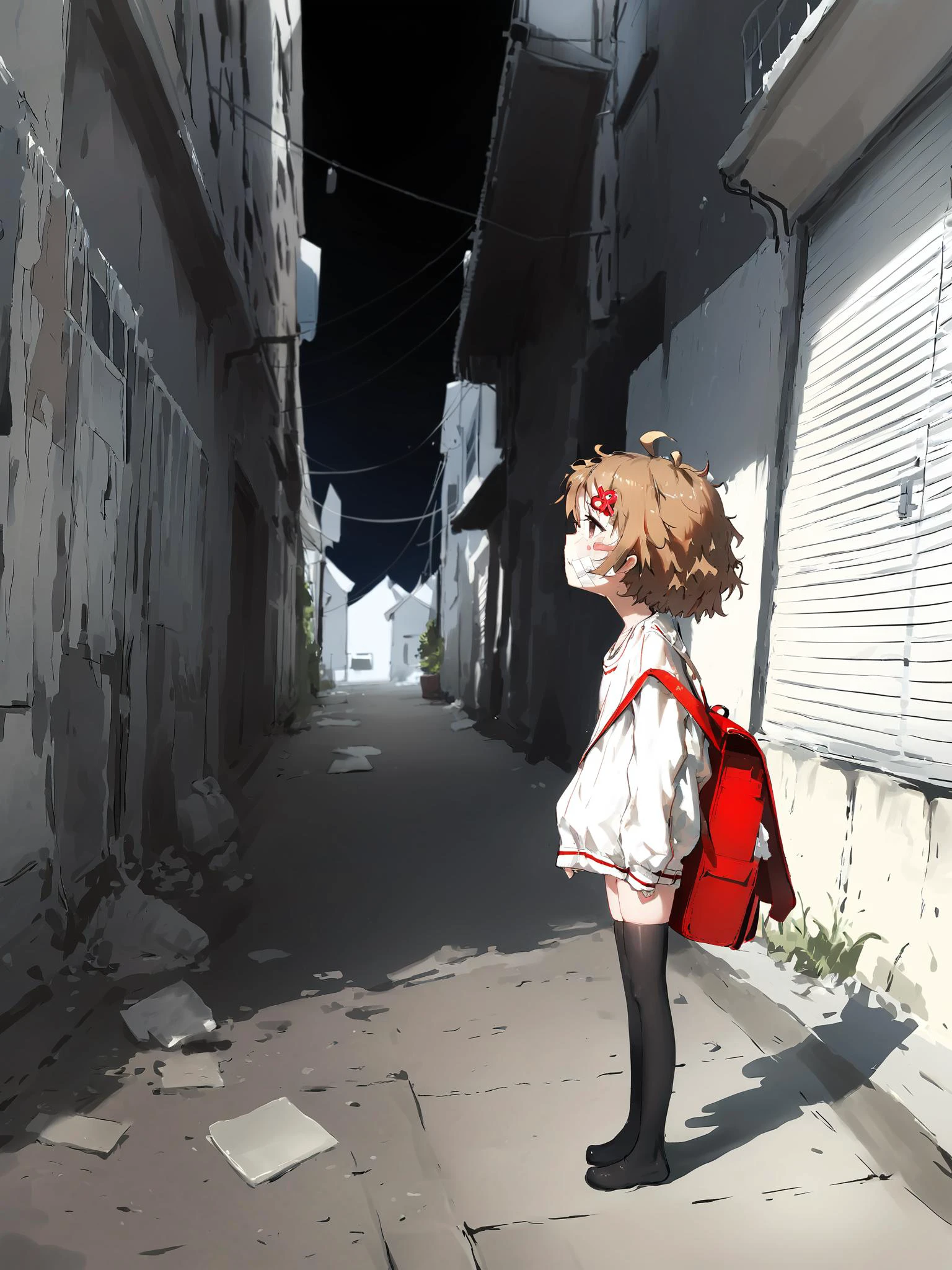 <lora:style26-kohaku-xl:1>,outdoors,alley,1girl,,hair ornament,bandaid,bandages,short hair,messy hair,brown hair,(bandage on face:1.2),white sweater, long sleeves,no dress,red backpack,black thighhighs,