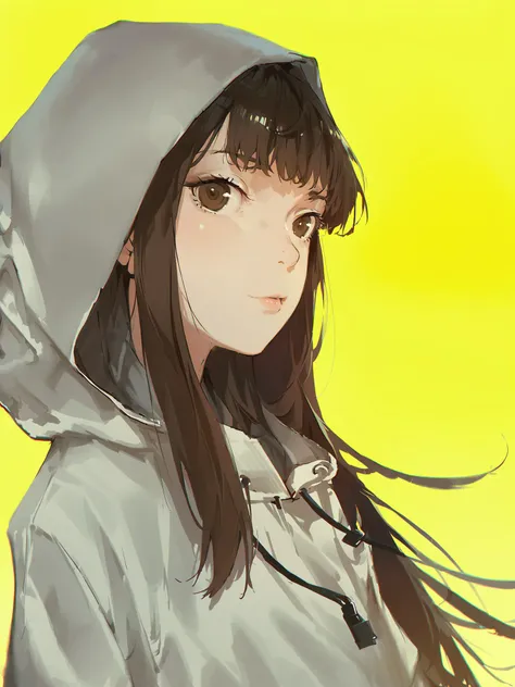 <lora:style26-kohaku-xl:1>,1girl, solo, hoodie, hood, long hair, brown hair, black eyes, hood up, white hoodie, lips, simple background, closed mouth, upper body, drawstring, yellow background, looking at viewer, brown eyes, grey hoodie, portrait, bangs, black hair, nose,