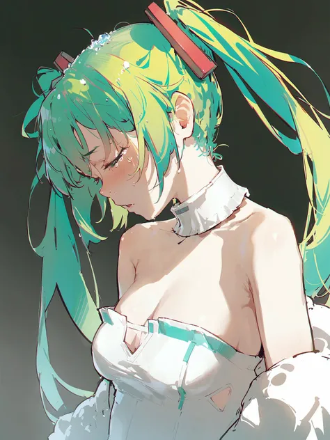 masterpiece, best quality, <lora:style26-xl:1>,1girl,solo,hatsune miku,miku, grey background, upper body, green hair, long hair, twintails, bare shoulders,wedding dress,long sleeves,cleavage,from side,head tilt, blush,tears