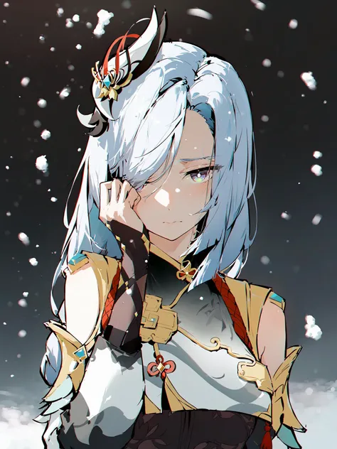 masterpiece,best quality,<lora:style26-xl:1>,simple background, upper body, solo,ice,snowing, wind lift, hand on own face,hair ornament,
1girl,shenhe \(genshin impact\), messy hair, sad,looking at viewer,