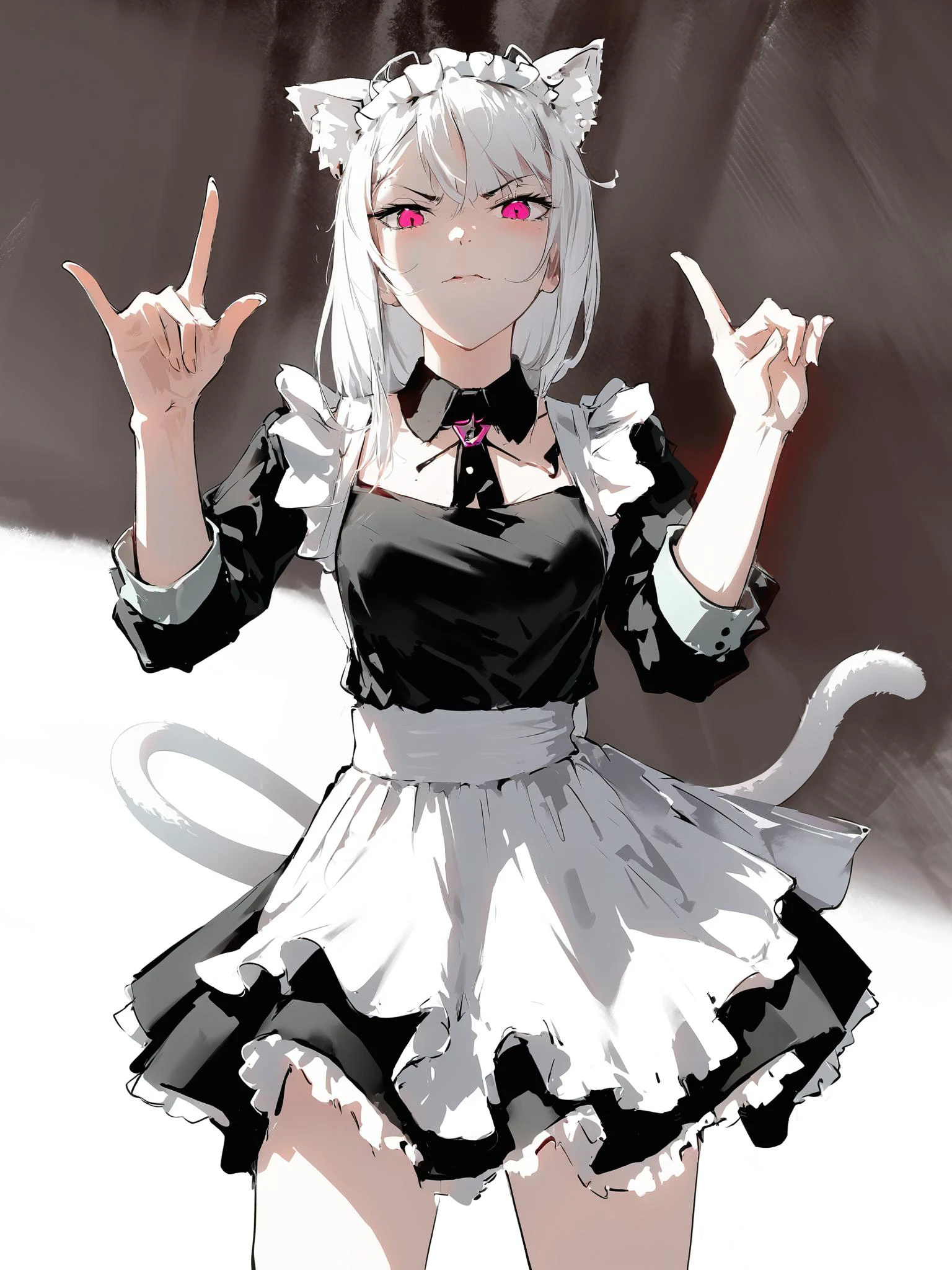 <lora:style26-kohaku-xl:1>,solo, AI artistry, White hair, Cat ears, Maid outfit, Haughty expression, Feminine demon vibes, Scolding posture, Intense gaze, Undeniable aura, Pointing gesture, Devilish smirk, Provocative stance, Tail-end uniform, Contemptuous look, Overconfidence,white background