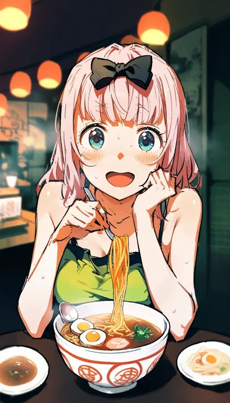 1girl,fujiwara chika,pink hair,blue eyes,solo,black bow,food,bow,open mouth,steam,hair bow,noodles,smile,bowl,breasts,sleeveless,ramen,ponytail,blush,spoon,sweat,holding,restaurant,green shirt,bangs,bare shoulders,looking at viewer,ribbon,indoors,lantern,shirt,<lora:style26-xl:0.95>