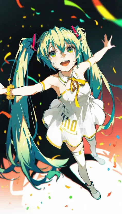1girl,strapless dress,hatsune miku,strapless,dress,solo,long hair,twintails,very long hair,shadow,see-through,white dress,from above,ribbon,see-through dress,open mouth,smile,bare shoulders,green hair,confetti,looking at viewer,jewelry,blurry,thighhighs,yellow ribbon,full body,green eyes,outstretched arms,white footwear,depth of field,gold trim,bangs,standing,neck ribbon,teeth,bracelet,looking up,short dress,upper teeth only,white thighhighs,single thighhigh,<lora:style26-xl:0.95>