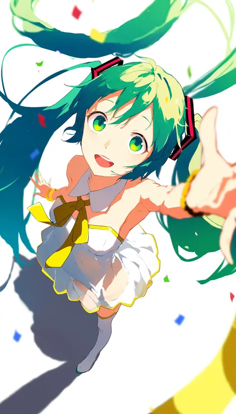 1girl,strapless dress,hatsune miku,strapless,dress,solo,long hair,twintails,very long hair,shadow,see-through,white dress,from above,ribbon,see-through dress,open mouth,smile,bare shoulders,green hair,confetti,looking at viewer,jewelry,blurry,thighhighs,yellow ribbon,full body,green eyes,outstretched arms,white footwear,depth of field,gold trim,bangs,standing,neck ribbon,teeth,bracelet,looking up,short dress,upper teeth only,white thighhighs,single thighhigh,<lora:style26-xl:0.95>,