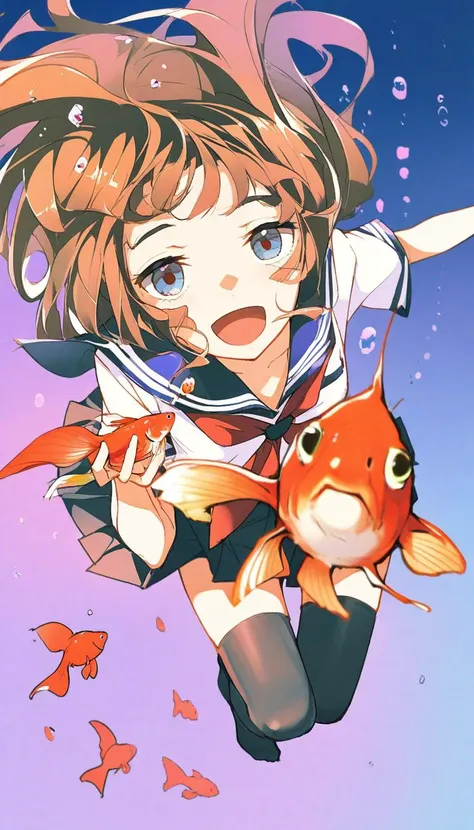 1girl, fish, underwater, skirt, brown hair, school uniform, air bubble, bubble, solo, open mouth, serafuku, smile, petals, short sleeves, underwear, pleated skirt, neckerchief, thighhighs, panties, blue eyes, goldfish, looking at viewer, white panties, :d, submerged, red neckerchief<lora:style26-xl:0.95>