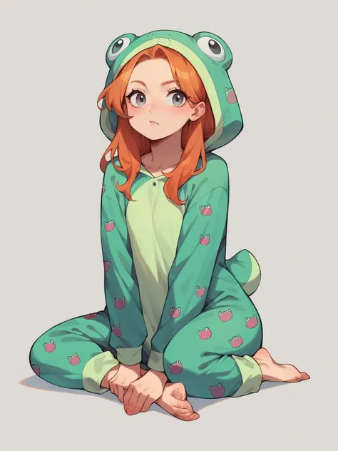 score_9, score_8_up, score_7_up, score_6_up, <lora:fr0ggyXLP:1> fr0ggy, frog  pajamas, full body, barefoot, 1girl, long hair, ginger hair, grey eyes, hood, animal costume, onesie