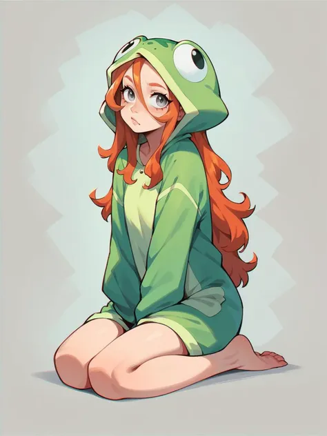 score_9, score_8_up, score_7_up, score_6_up, <lora:fr0ggyXLP:0.7> fr0ggy, frog pajamas, full body, barefoot, 1girl, long hair, ginger hair, grey eyes, hood, animal costume,