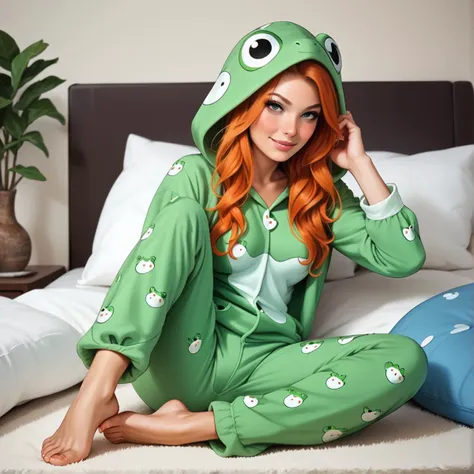 score_9, score_8_up, score_7_up, score_6_up, photorealistic, <lora:fr0ggyXLP:1> fr0ggy, frog  pajamas, full body, barefoot, perfect feet, adult, 1girl petite, long hair, ginger hair, grey eyes, hood, animal costume, onesie <lora:add-detail-xl:1>