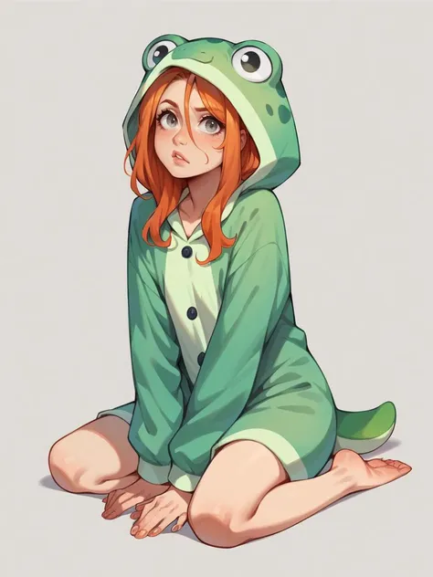 score_9, score_8_up, score_7_up, score_6_up, <lora:fr0ggyXLP:1> fr0ggy, frog  pajamas, full body, barefoot, 1girl, long hair, ginger hair, grey eyes, hood, animal costume, onesie