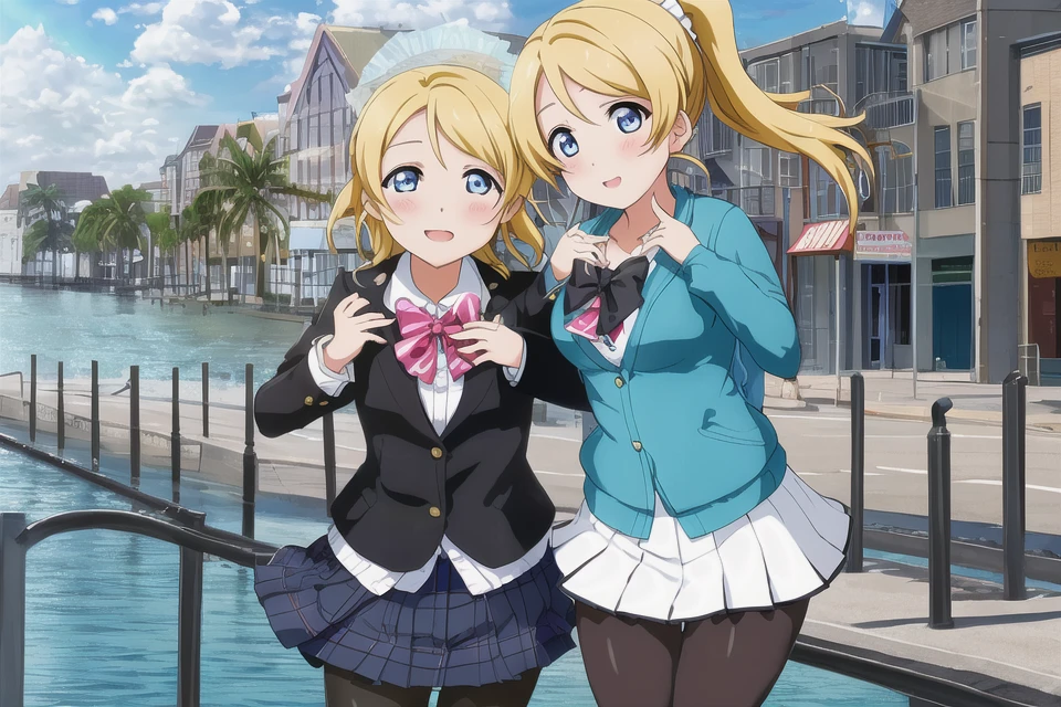 eli_ayase, <lora:eli_v1:0.7>, ((1girl)), solo,  (masterpiece),(best quality), (absurdres),(highres:1.1), outdoors, ocean, beach, horizon, cloudy sky, hifumi \(blue archive\), (solo), sitting, (panties under pantyhose), white panties, looking at viewer, school uniform, pleated skirt, (halo), low twintails, collarbone, (black pantyhose:1.2), light smile, blush,  sitting