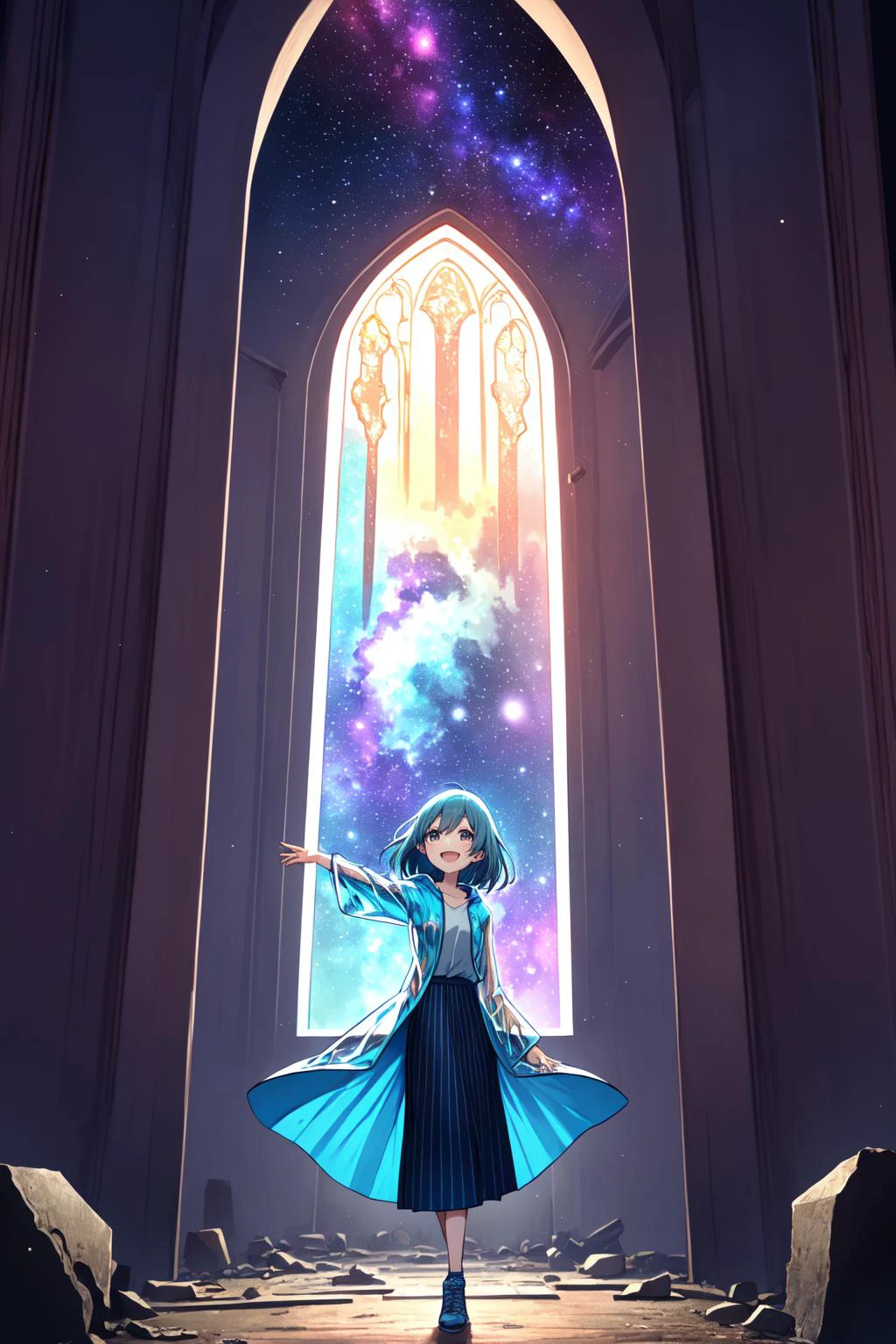 best quality, amazing intricate, cute girl, round eyes, happy, :d, medium breast,
aqua hair, medium hair, , ,
from front, portrait, standing splits,
primary colors transparent raincoat, cosmic nebulae long skirt,
in a ruined church