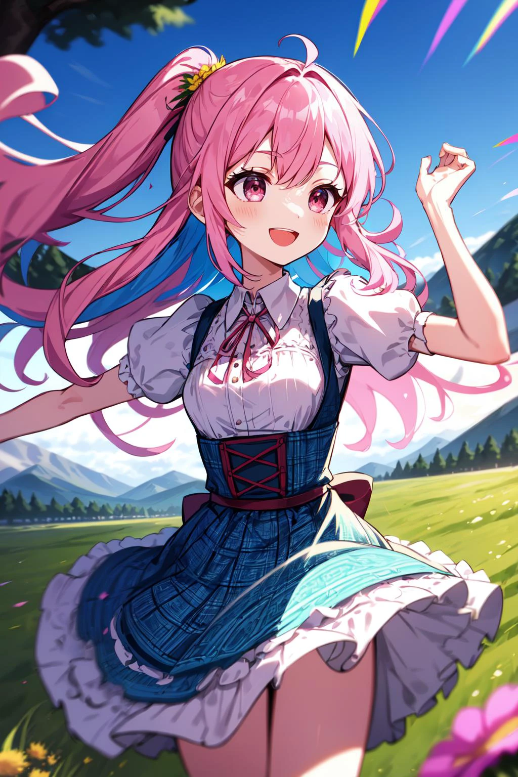 best quality, amazing intricate, cute girl, (round eyes:1.2), happy, :D,
pink hair, long hair, looking away, medium breasts,
multicolored dress, dirndl, plaid dress,
cowboy shot, dancing, (spinning, motion blur:1.4),
Plateau, grass, tree, flower, mountains in the distance