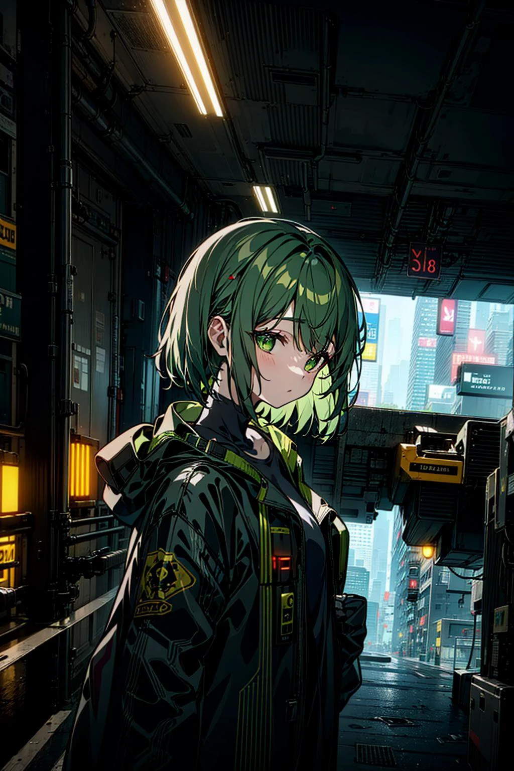 back alley:1.8,neonsign,, police, gun, wide shot, fighting, black hair, medium hair, inner green hair color, green detailed eyes, black long coat,white tank top, red wappen, cinematic angle, robot, robot vs girl, gun,medium hair,green grow eyes,(super photo realistic 1.8),cyberpunk, masterpiece,cinematic lighting, realistic,city,night, crowd, neon, dark,detailed background,superwide shot, super realistic,8K unity wallpaper,