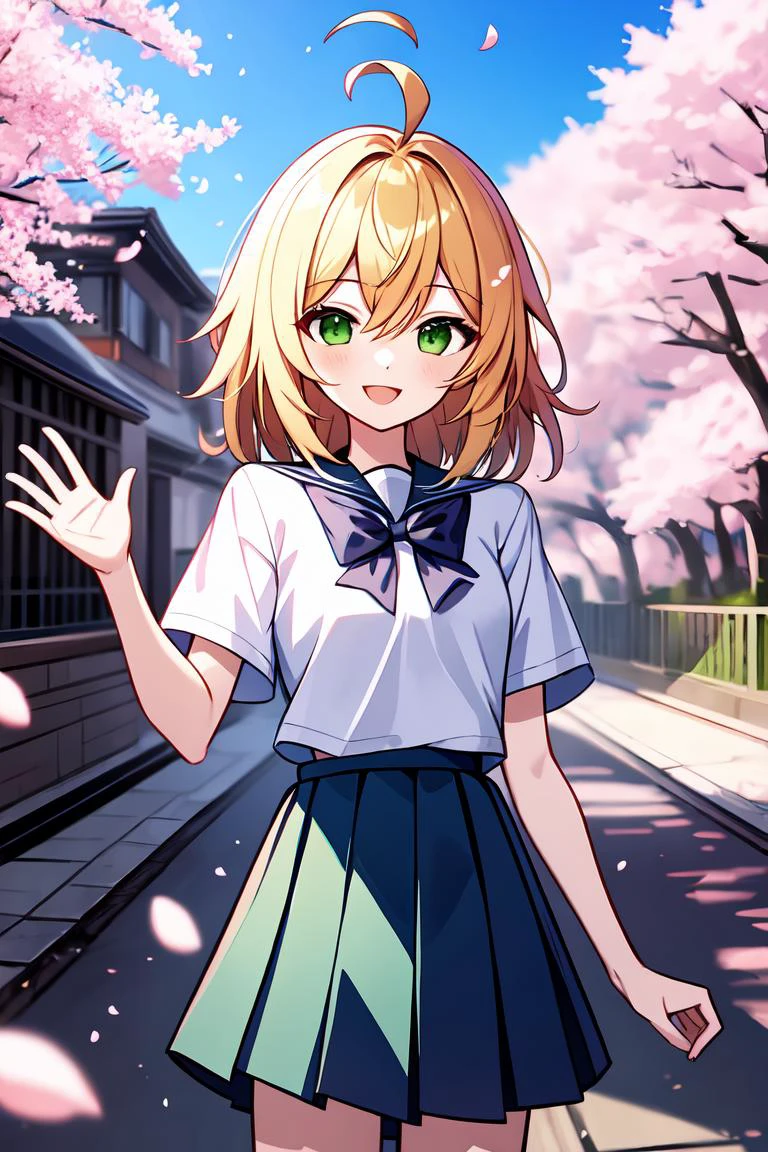 masterpiece, best quality, 1girl, solo, school uniform, prism, building, happy, nice hands, standing, petals, cherry blossoms, modern life, medium hair, yellow hair, (ahoge:1.1), green eyes, small breasts, short sleeves, wave, (long hair:0.8)